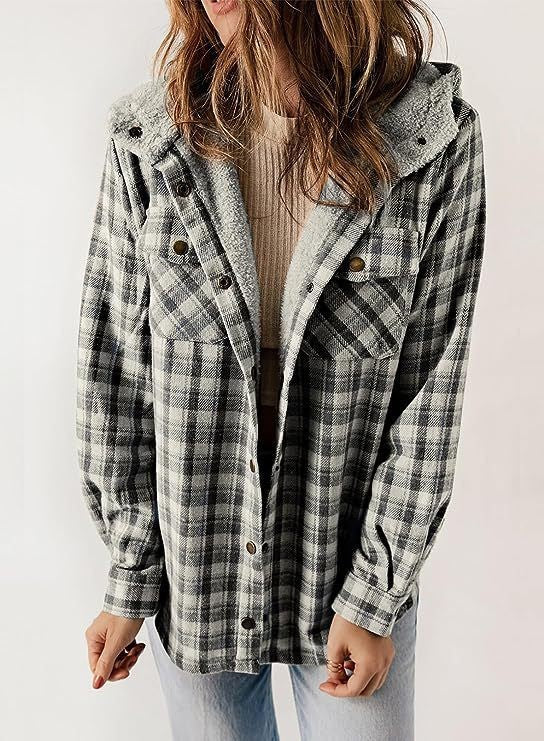 Women’s Wool Jacket – Relaxed Fit – Plaid Pattern – Plush Lined Hood – Button Front