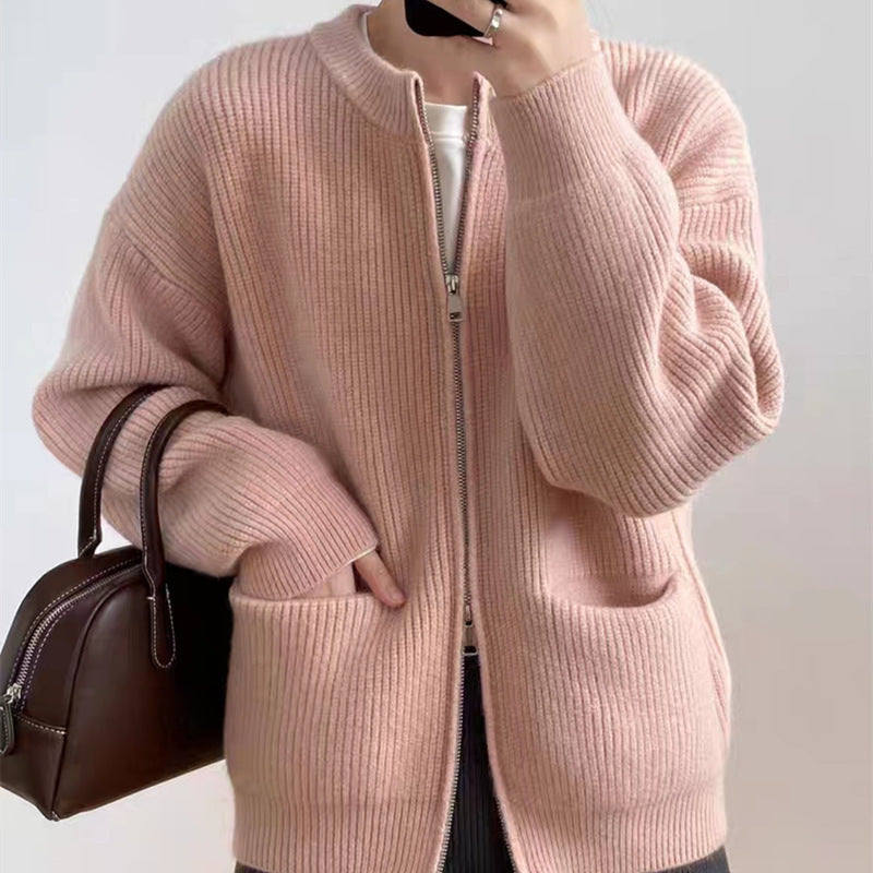 Women's Cardigan – Ribbed Knit Wool Mix – Oversized Fit – Double Zipper – With Pockets