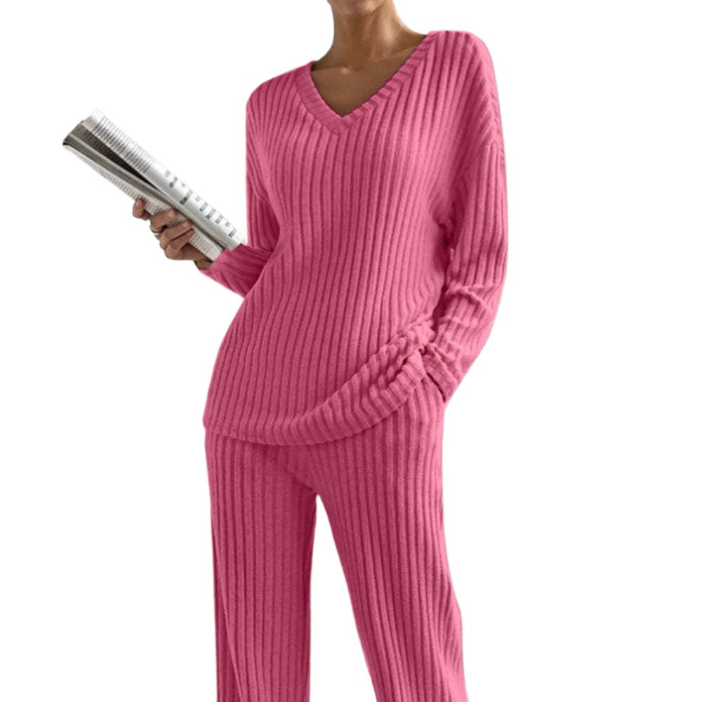 Women's Set – Ribbed V-neck Top – Relaxed Fit – Straight Leg Pants