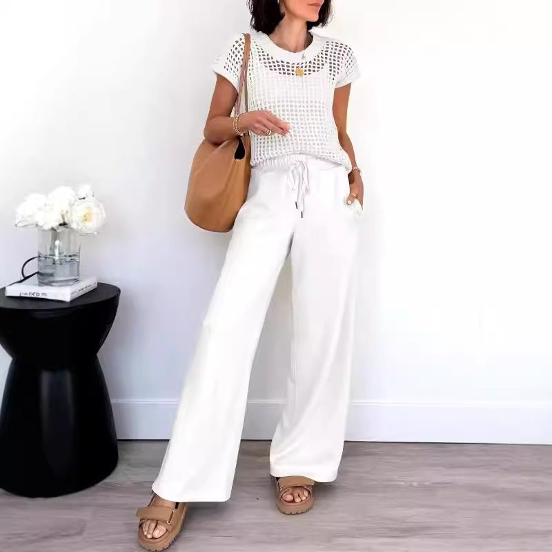 Women's Set – Open Knit Short-Sleeved Top and Wide Trousers – Relaxed Fit