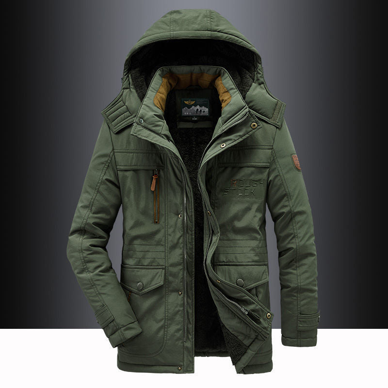Men's Fleece Lined Hooded Thigh Length Parka With Winter Warmth And Functional Design