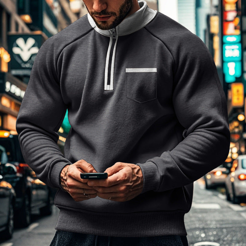 Men's Cotton Blend Zip Neck Sweatshirt With Stand Up Collar And Chest Pocket Regular Fit
