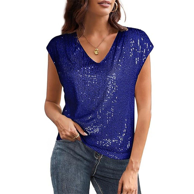 Women's Sparkly V-Neck Top – Short Sleeve – Elegant Fit – Metallic Shine