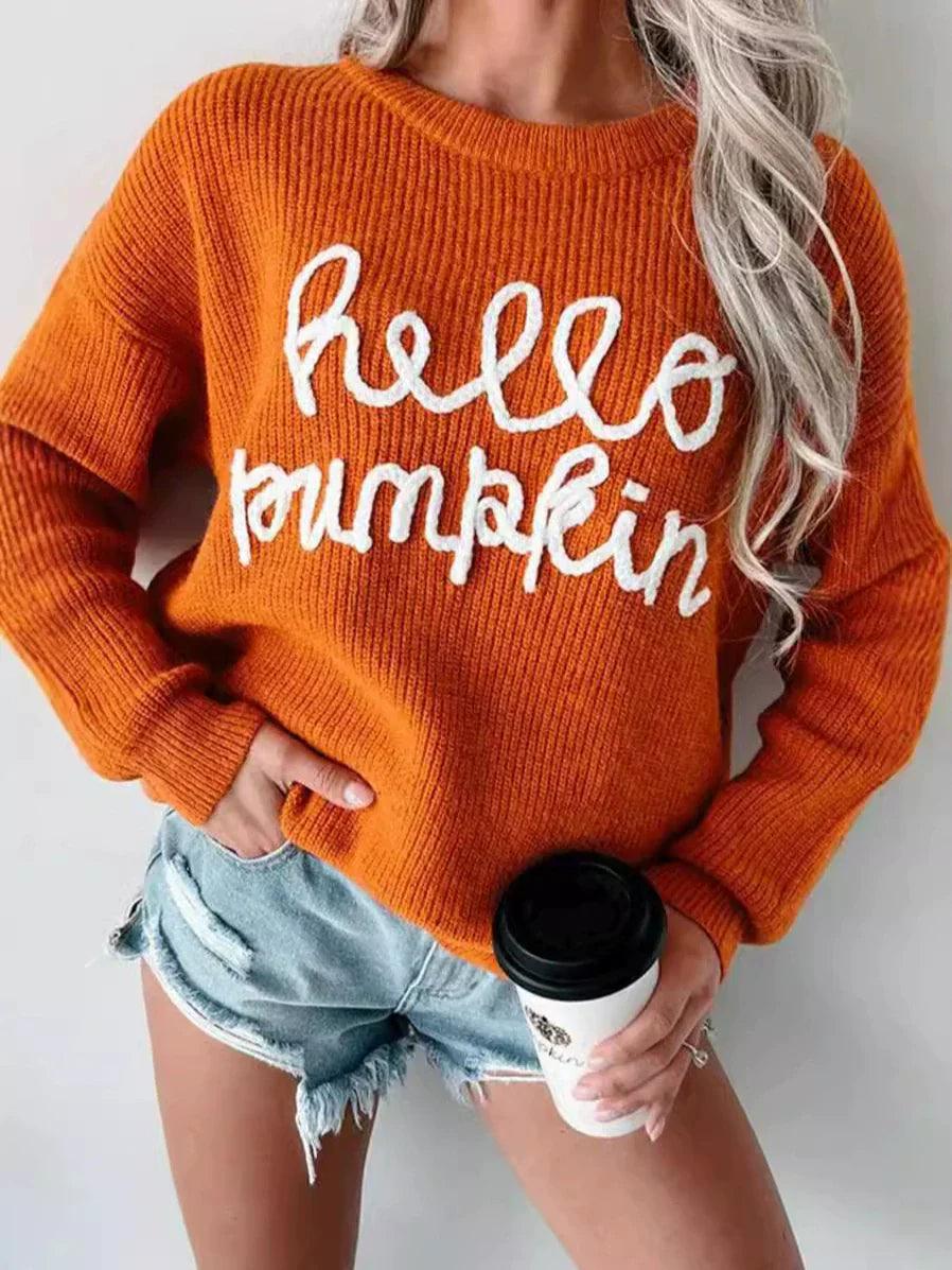 Women’s Sweater – Relaxed Fit – Knitted Wool Blend – Ribbed Texture – Letter Detail