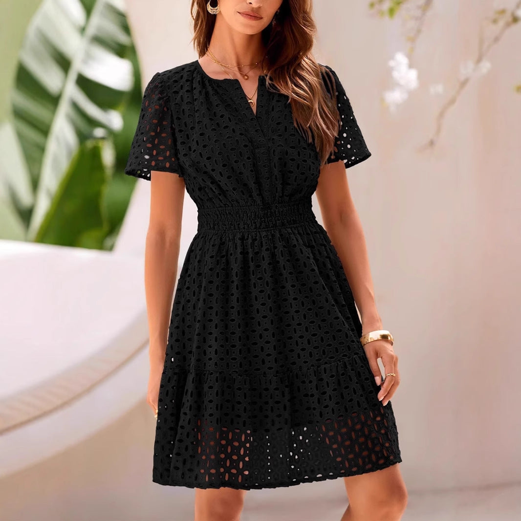 Women's A-line Dress – V-neck – Eyelet Pattern – Short-sleeved – Light Cotton Blend