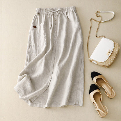 Women's Skirt – A-Line – Natural Fibers – Mid-Length – Lace Waist – Pockets
