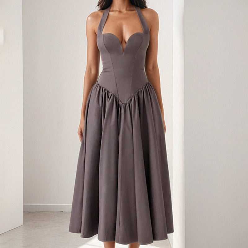 Women's Halterneck Midi Dress – A-Line Fit – Satin Look – Open Back – Party Ready
