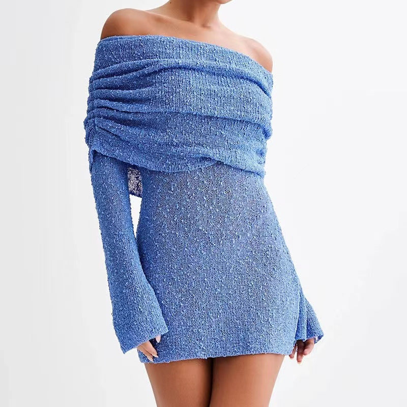 Women's Beach Dress – Off Shoulder – Slim Fit – Light Knit – Long Sleeved – Semi Transparent