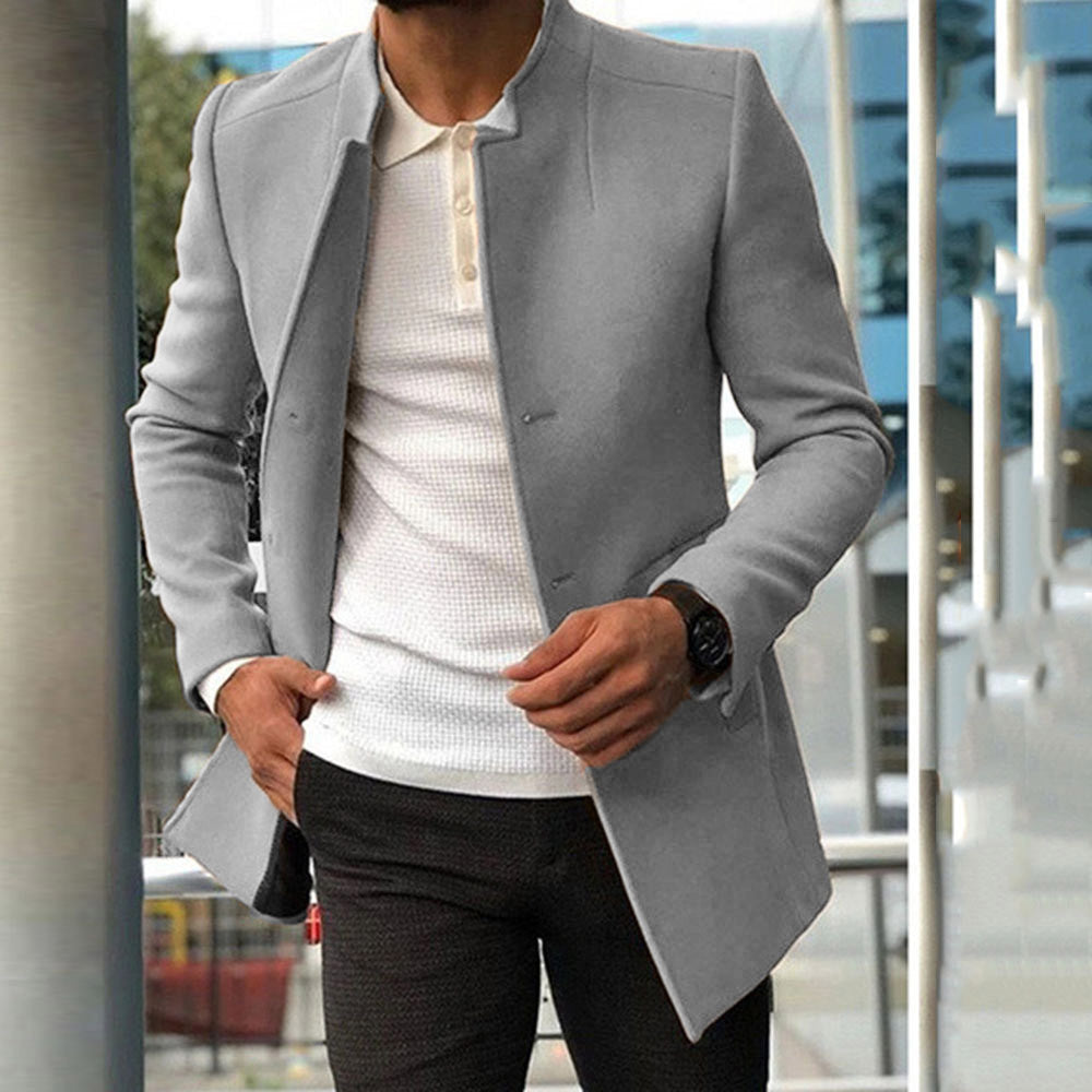 Men's Premium Wool Blend Overcoat In Slim Fit With Stand Collar And Hidden Closure