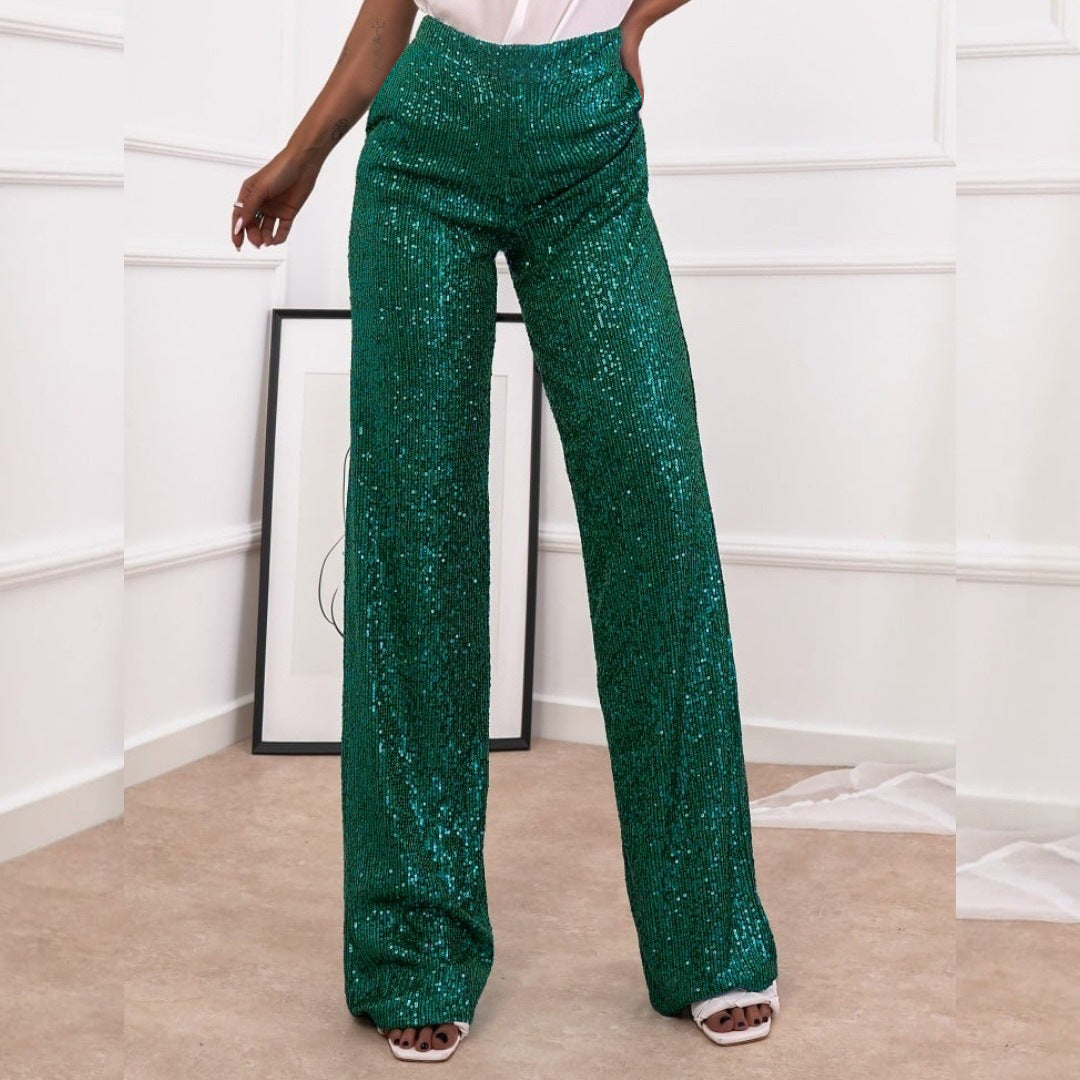 Women’s Straight-Leg Pants – Full Sequin Design – Relaxed Fit – Full Length Evening Wear