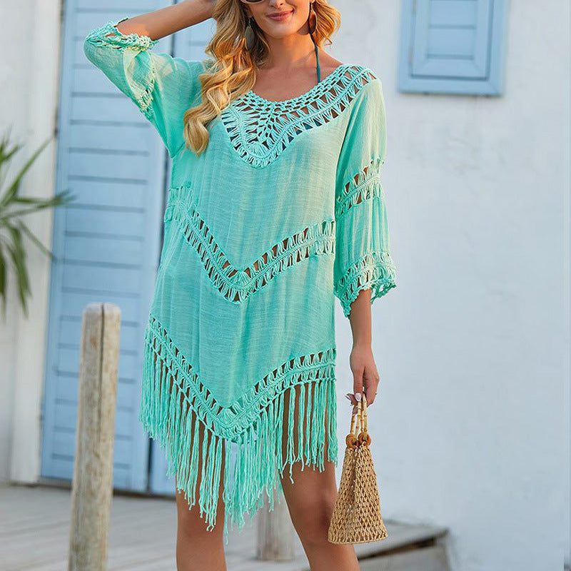 Women’s Cover-Up Dress – Relaxed Fit – Crochet Trim – Fringe Hem – Cotton Blend Fabric - TrendAura