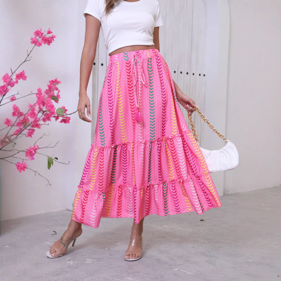 Women’s Maxi Skirt – High Waist – Tiered Boho Fit – Fringe Waist – Cotton Feel