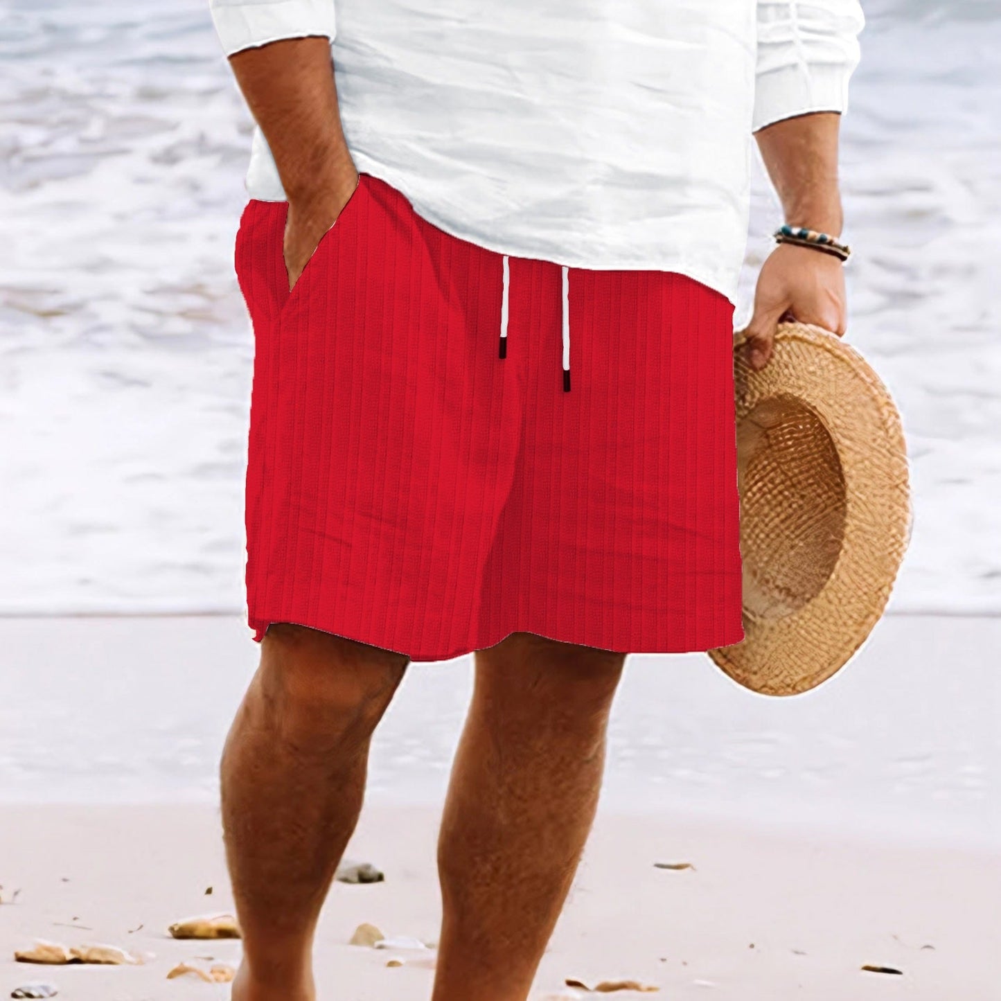 Mens Linen Cotton Blend Relaxed Fit Shorts With Multi Pocket And Elastic Drawstring Waist Couture-Moda