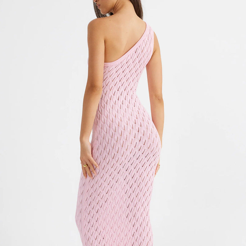Dress for women – Asymmetric shoulder – Tight fit – Open knit – Ankle length