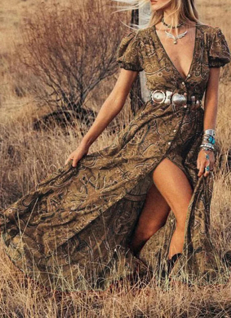 Women’s Maxi Dress – Fitted Waist – Puff Sleeves – Front Slit – Button Detail