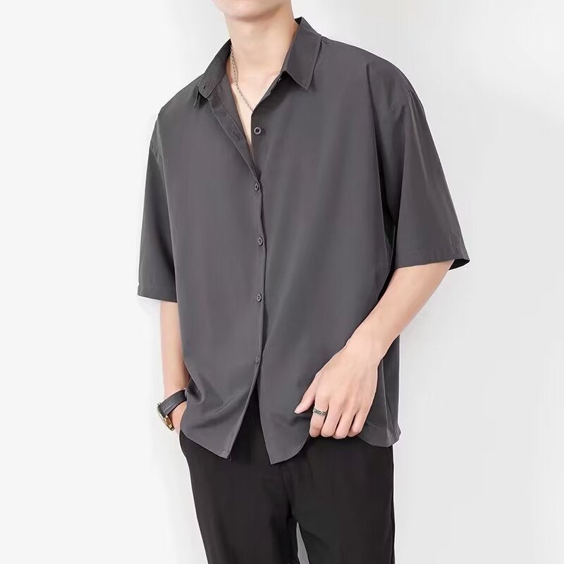 Mens Short Sleeve Black Shirt Relaxed Fit Lightweight Breathable Fabric Casual Button Closure By TrendAura