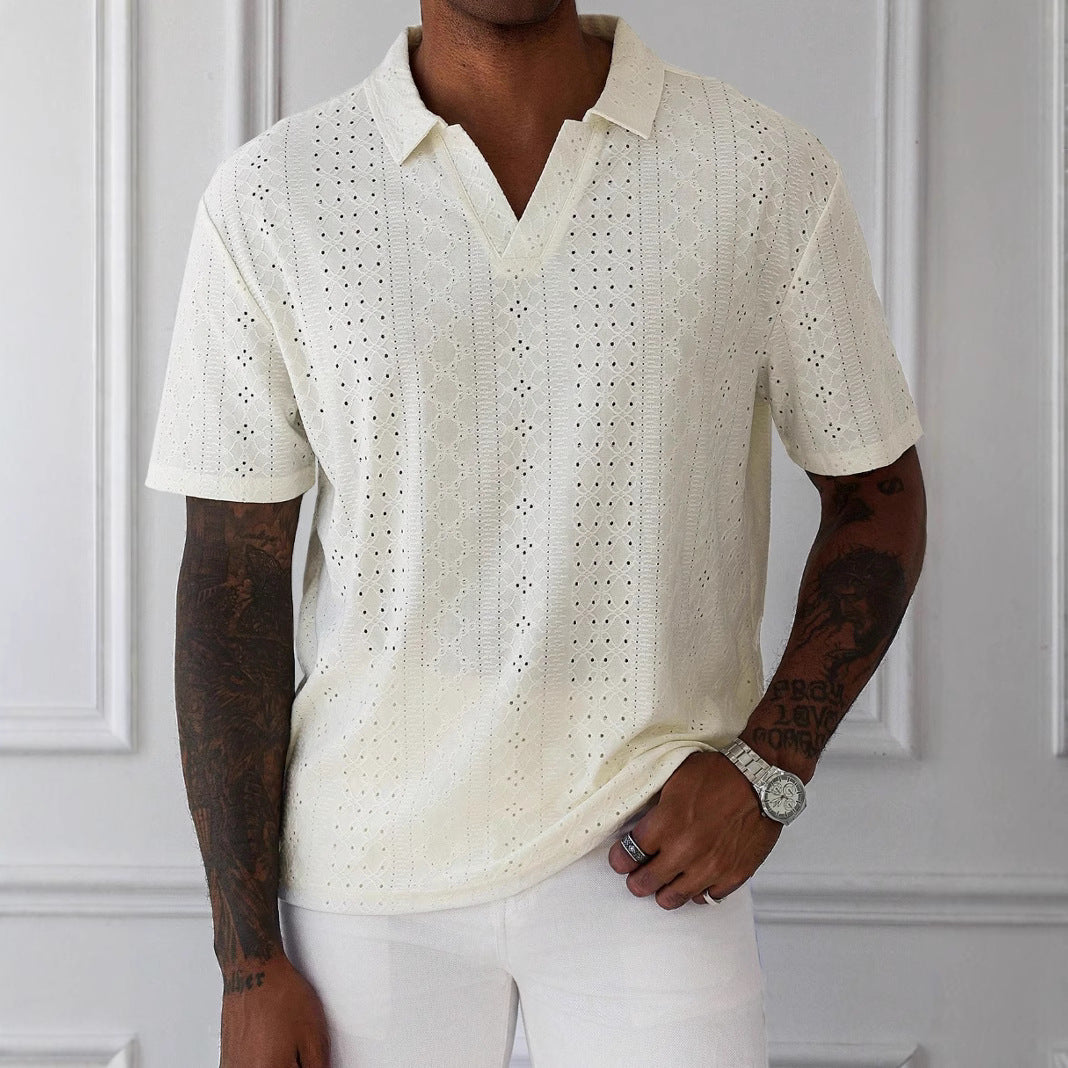 Men's Knit Jacquard Lace Short Sleeve T Shirt Relaxed Fit Cream White By TrendAura Nordic Flair
