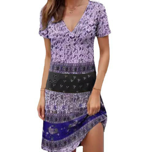 Women’s Casual Dress – Relaxed Fit – Cotton – Deep V-Neck – Boho Patchwork – Short Sleeve