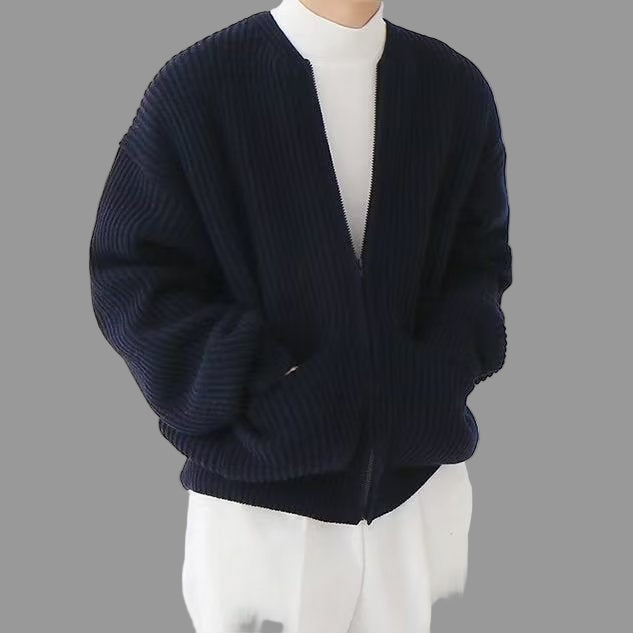 Men's Cotton Blend Cardigan Jacket With Band Collar Oversized Fit Full Zip Closure For Layering