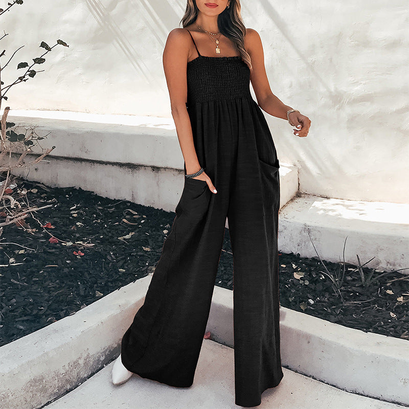 Women's Jumpsuit – Relaxed Fit – Ruched Bodice – Spaghetti Straps – Ankle Length – Lightweight Breathable Fabric – With Pockets