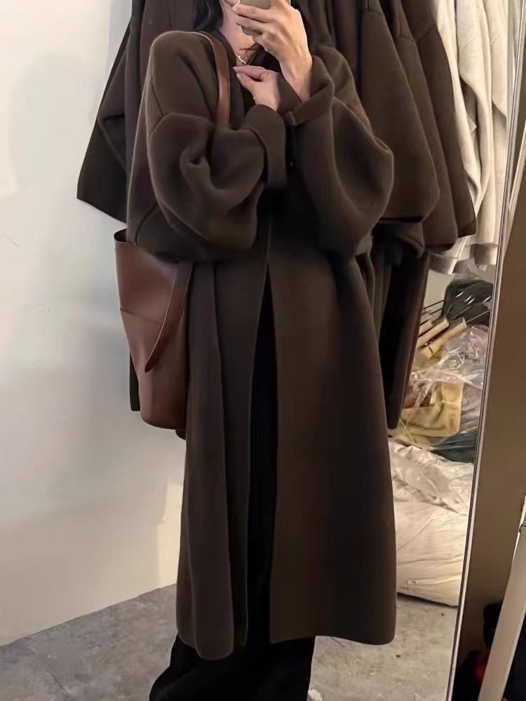 Women’s Cardigan Coat – Oversized Fit – Wool Knit – Draped Open Front – Full Length