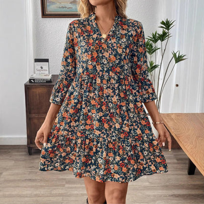 Dress for women – A-line fit – Light cotton – V-neck – 3/4 ruffle sleeves – Floral print