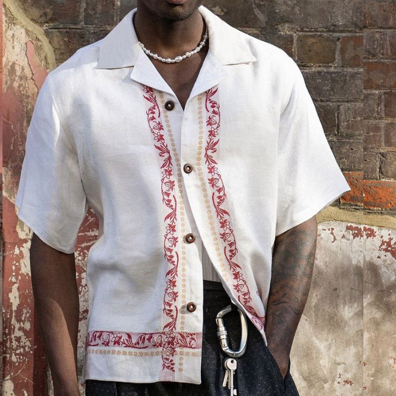 Men's Short Sleeve Linen Blend Shirt With Embroidered Trim Relaxed Fit Nordic Flair