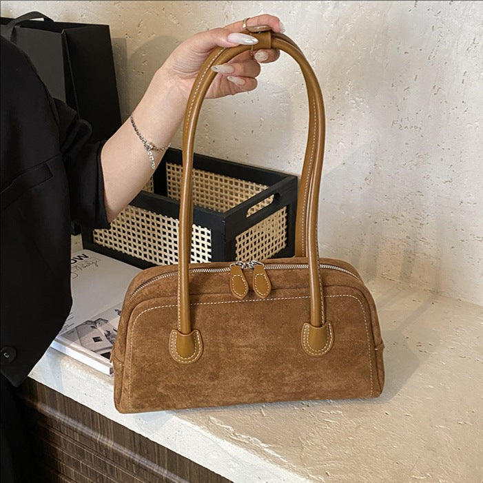 TrendAura Denise Mini Top-Handle Bag - Compact All Season Faux Suede Handbag With PU Leather Trims