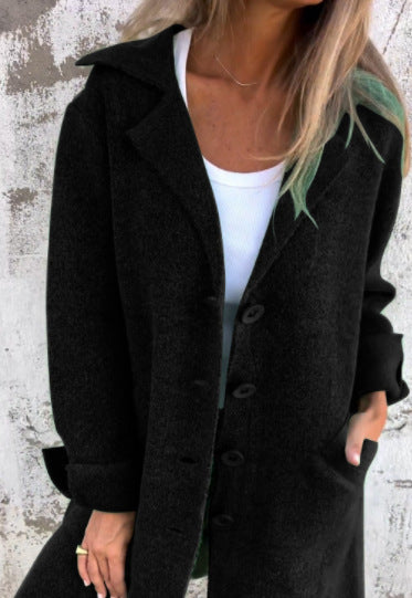 Women’s Mid-Length Coat – Relaxed Fit – Wool Feel – Lapel Collar – Single-Breasted