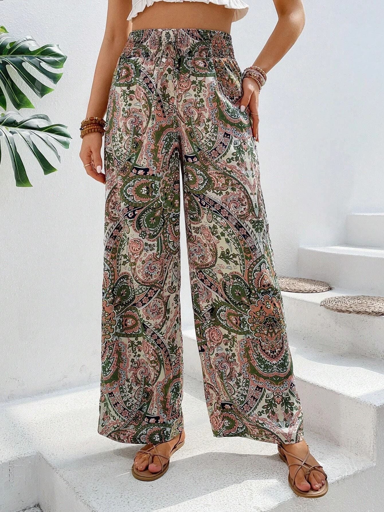 Women’s Wide-Leg Pants – Relaxed Fit – Boho Print – Lightweight Drape – Elastic Waist