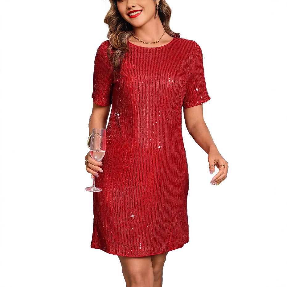 Women's Mini Dress – Relaxed Fit – Short Sleeves – Sequin Design – Party Look