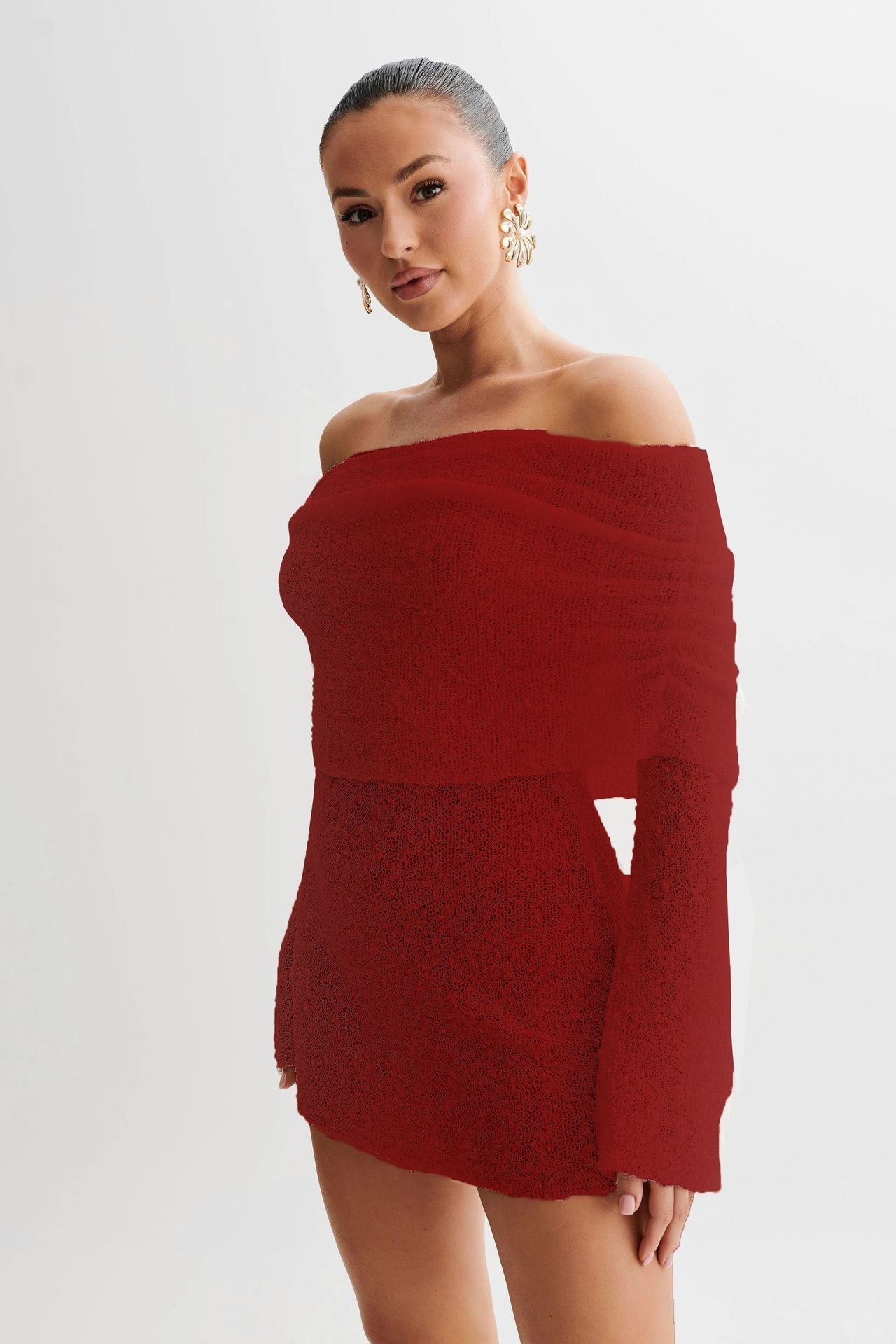 Women's Beach Dress – Off Shoulder – Slim Fit – Light Knit – Long Sleeved – Semi Transparent