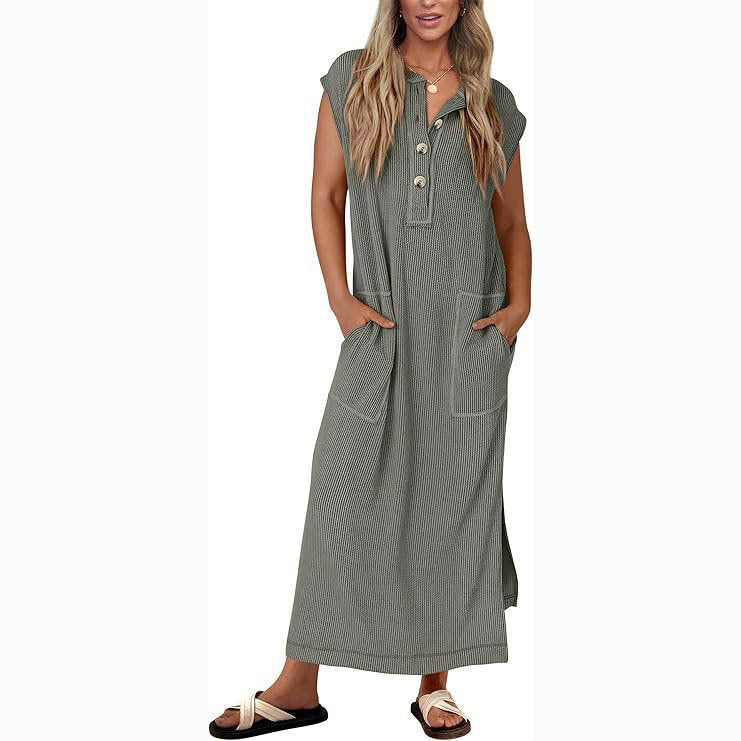 Women’s Maxi Dress – Relaxed Fit – Cotton Linen Feel – Cap Sleeves – Side Pockets