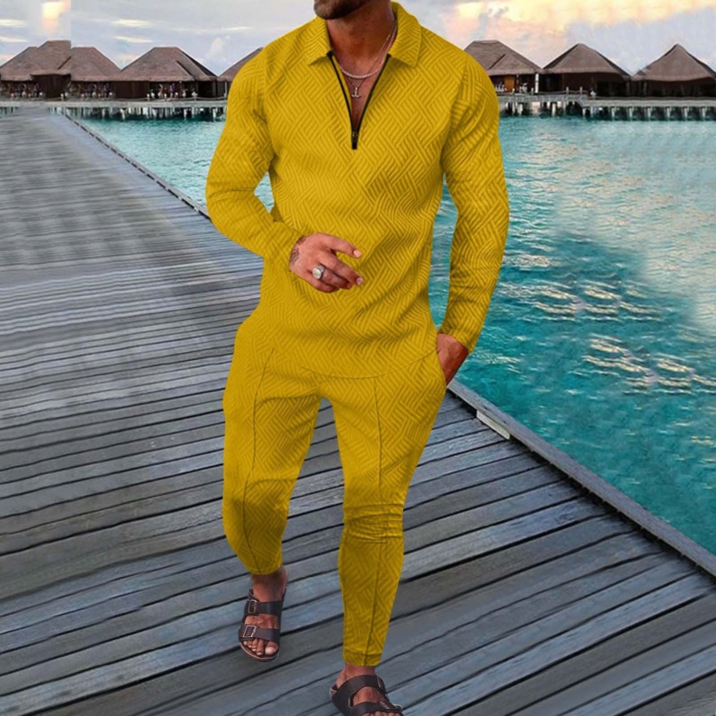 Men's Two Piece Slim Fit Sports Leisure Suit With Breathable 3D Print Long Sleeve Polo By TrendAura
