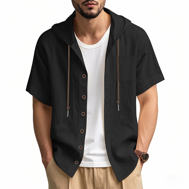 Men's Hooded Linen Blend Shirt With Short Sleeves Relaxed Fit Button Closure Perfect For Summer