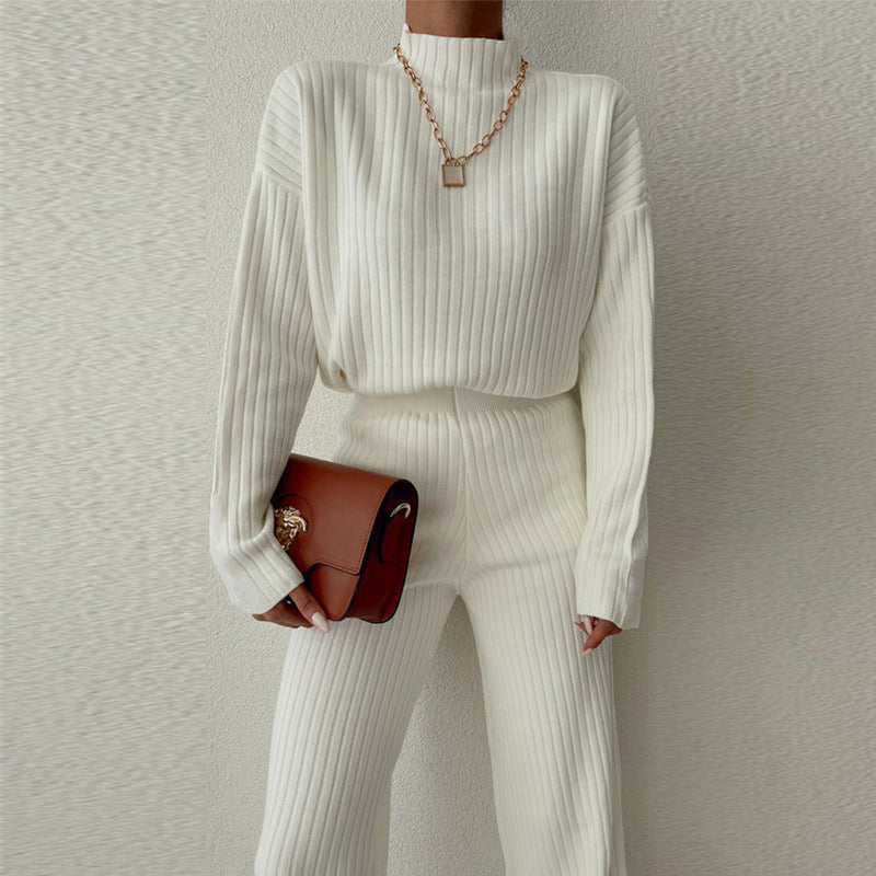 Women's Set – Ribbed Knit – Relaxed Fit – Long Sleeve – Wide Leg Pants