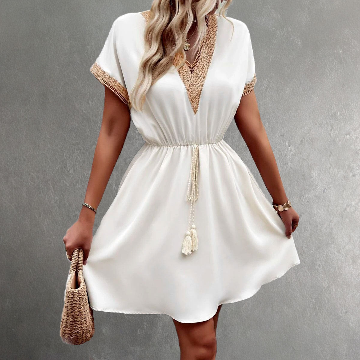 Women’s Mini Dress – V-Neck Lace Trim – Elastic Waist – Short Sleeve – Flowy Fit