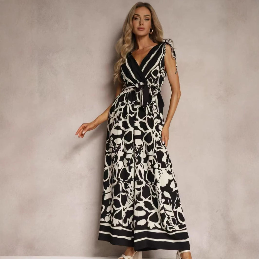 Women's Jumpsuit – Sleeveless V-Neck – Relaxed Fit – Tie Belt – Printed Ankle Length