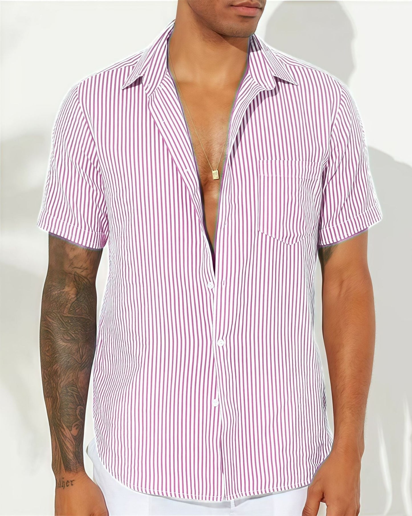 Men's Button Up Shirt Relaxed Fit Short Sleeve Vertical Stripes Cotton Blend For Casual Wear