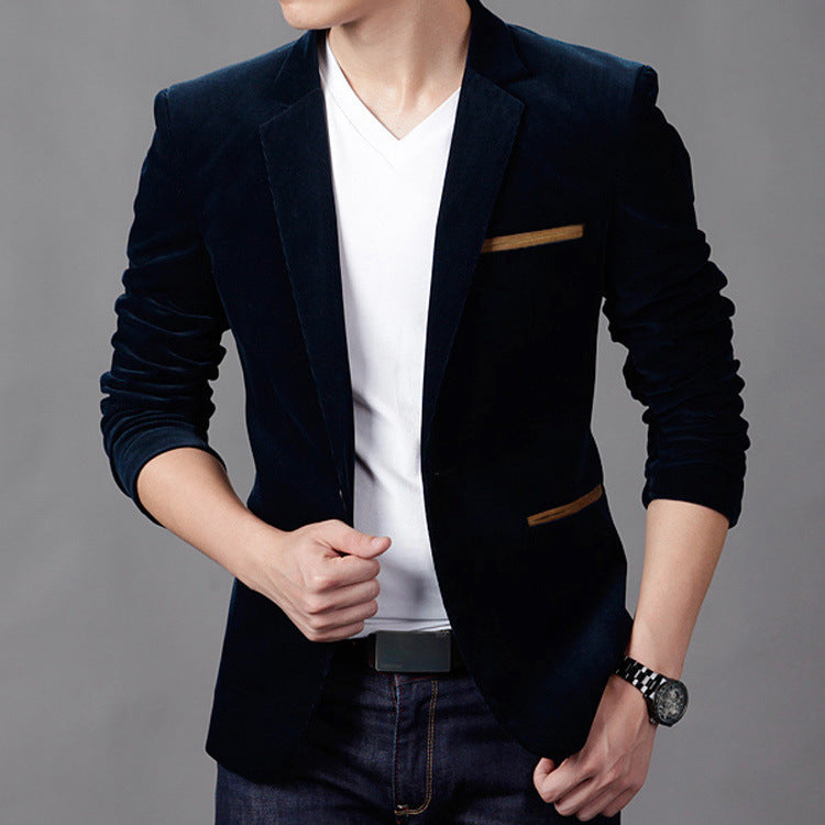 Men's Corduroy Slim Fit Blazer with Notched Lapel Single Button Closure and Welt Pockets