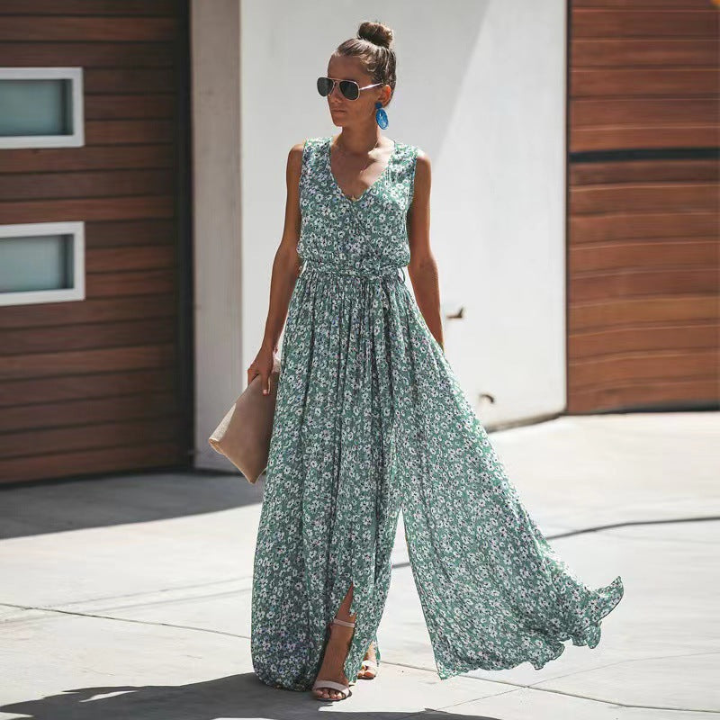 Women's Maxi Dress – Sleeveless – Light and Breathable – Deep V-neck – Tie Detail – Floral Print