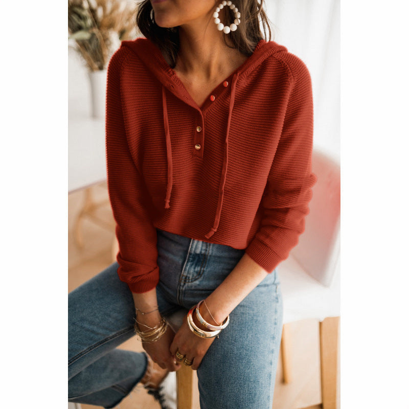 Women’s Cropped Hoodie – Relaxed Fit – Knit Texture – Button Front – Drawstring Hood