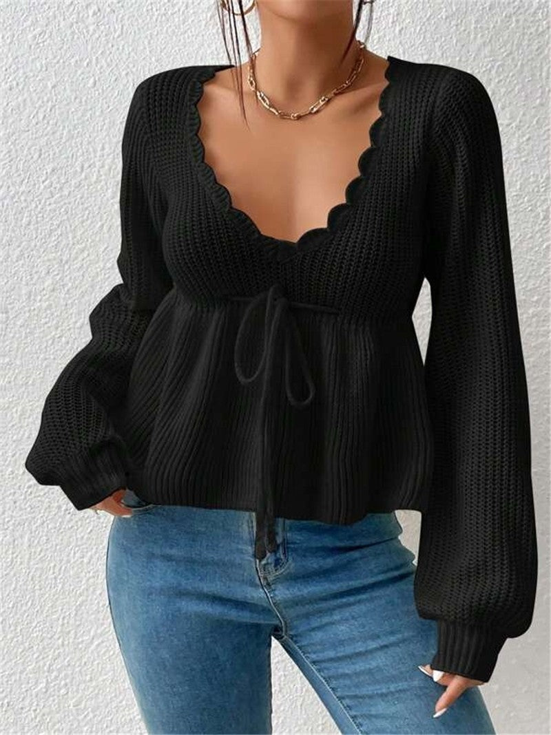 Women’s Pullover Sweater – Ribbed Knit – Relaxed Fit – Drawstring Waist – Ruffled Hem