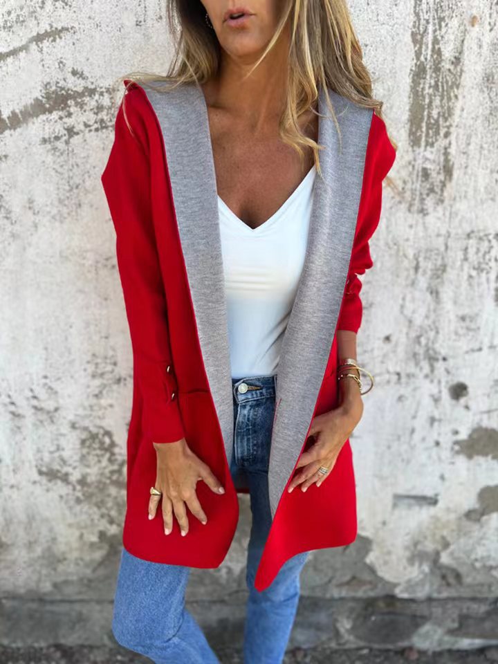 Women’s Hooded Cardigan – Soft Knit – Relaxed Fit – Contrast Trim – Button Cuffs – Long Length