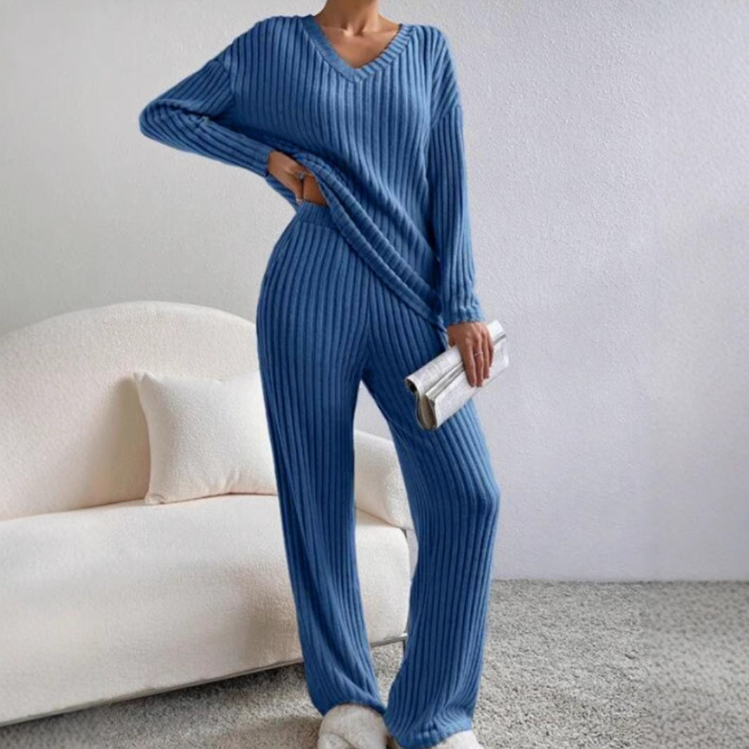 Women's Set – Ribbed V-neck Top – Relaxed Fit – Straight Leg Pants
