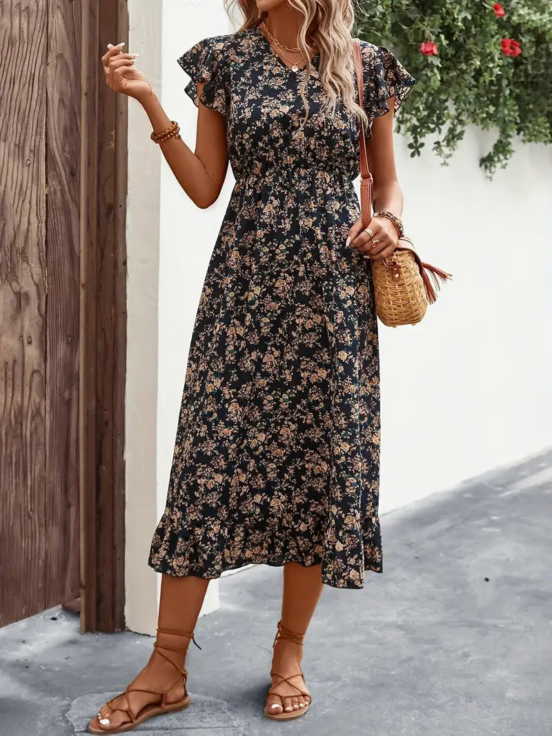 Women's Midi Dress – Cotton Blend – V-Neck – Ruffle Sleeves – Ruched Waist – Relaxed Fit