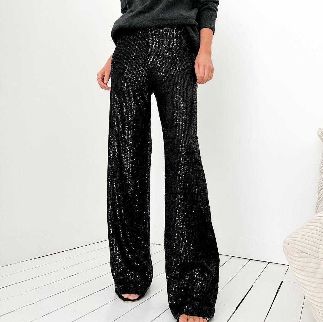 Women’s Straight-Leg Pants – Full Sequin Design – Relaxed Fit – Full Length Evening Wear