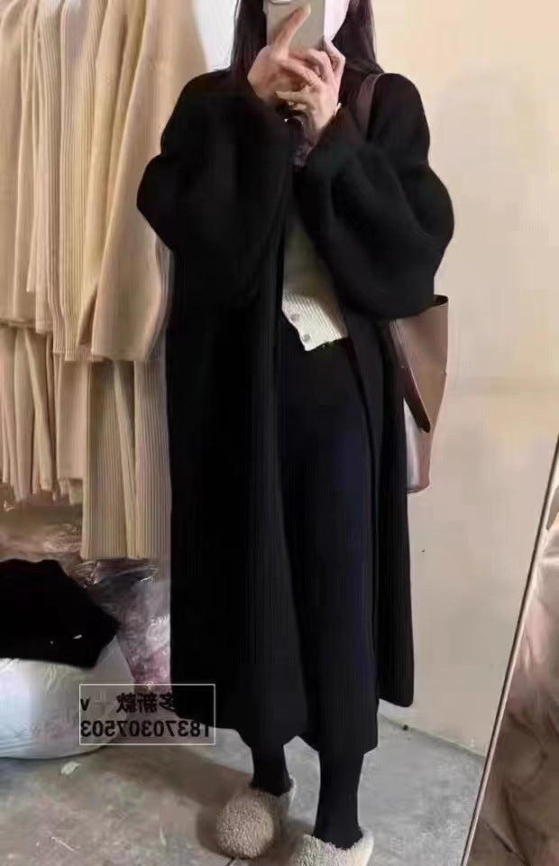 Women’s Cardigan Coat – Oversized Fit – Wool Knit – Draped Open Front – Full Length