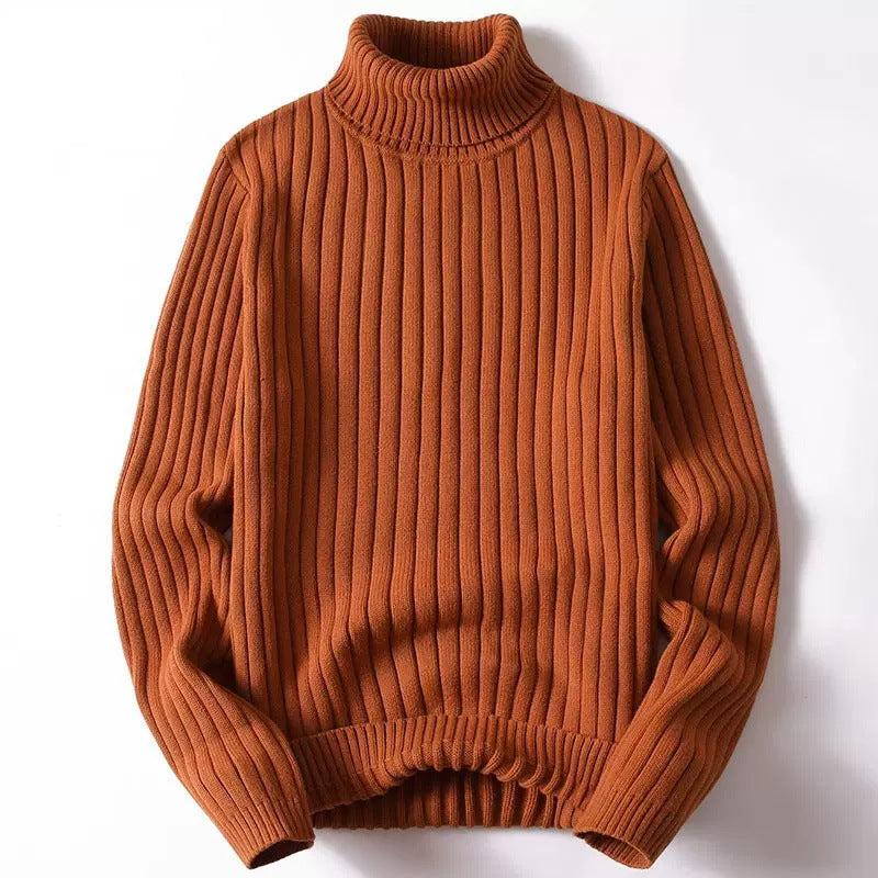 Mens Cotton Blend Fold Over Turtleneck Sweater Ribbed Knit Long Sleeve Hip Length Blue