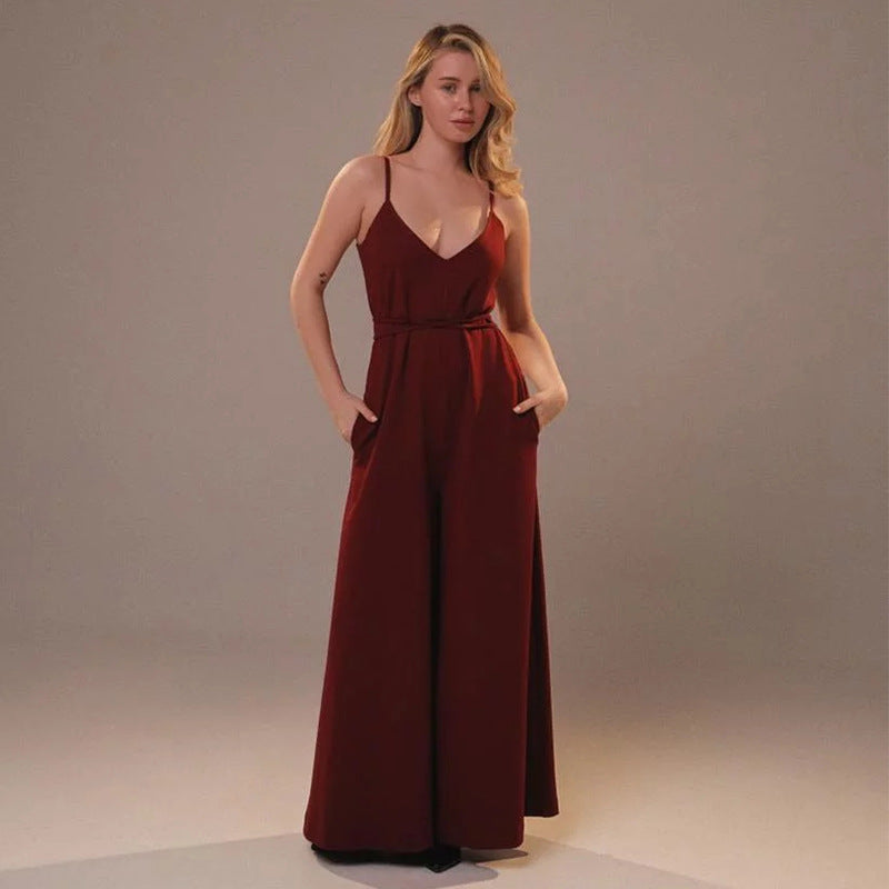 Women's jumpsuit – Loose fit – Sleeveless – Wide leg – V-neck – Tie belt – Linen blend